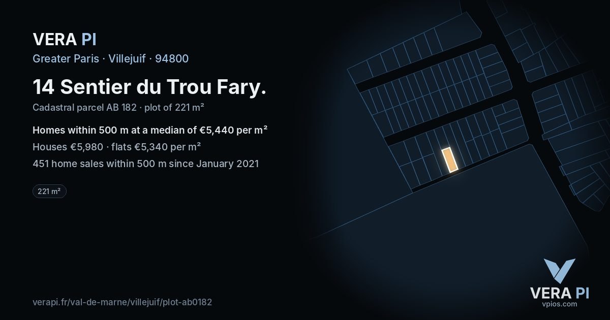 14 Sentier du Trou Fary, Villejuif at night – the plot lit, the parcels around coloured by the prices near them