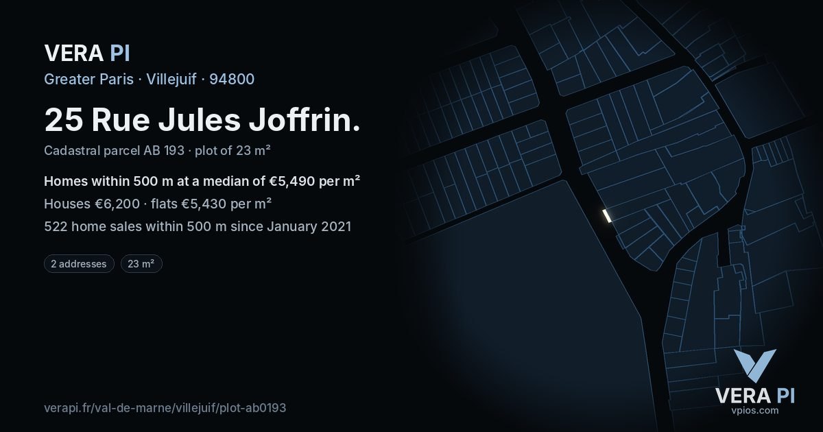 25 Rue Jules Joffrin, Villejuif at night – the plot lit, the parcels around coloured by the prices near them
