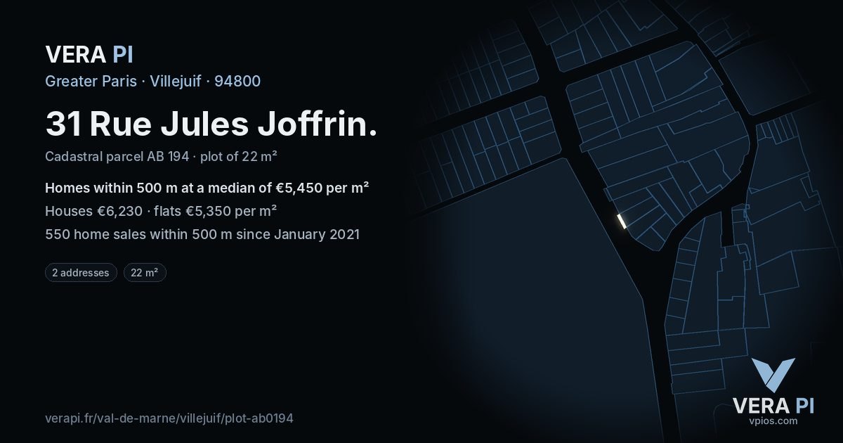 31 Rue Jules Joffrin, Villejuif at night – the plot lit, the parcels around coloured by the prices near them
