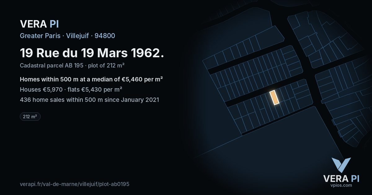 19 Rue du 19 Mars 1962, Villejuif at night – the plot lit, the parcels around coloured by the prices near them