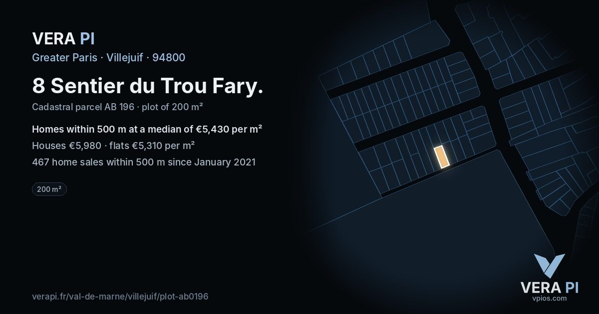 8 Sentier du Trou Fary, Villejuif at night – the plot lit, the parcels around coloured by the prices near them