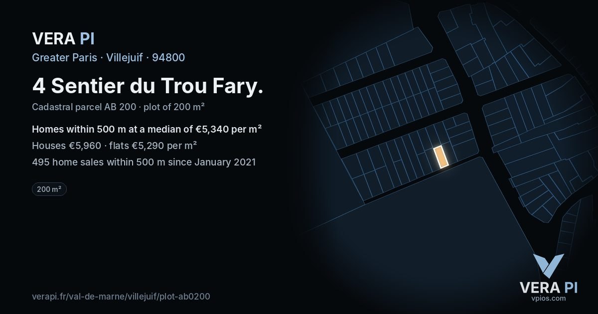4 Sentier du Trou Fary, Villejuif at night – the plot lit, the parcels around coloured by the prices near them