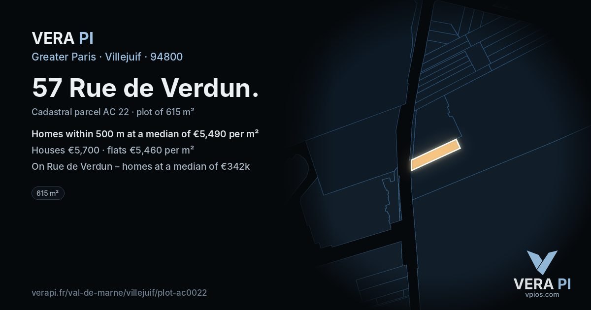57 Rue de Verdun, Villejuif at night – the plot lit, the parcels around coloured by the prices near them
