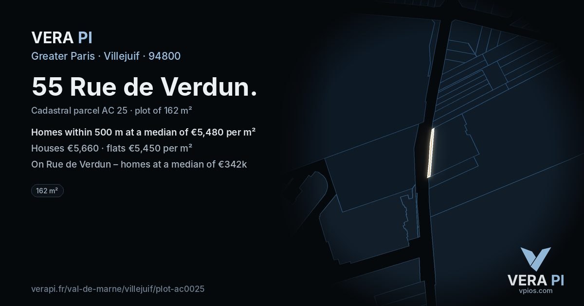 55 Rue de Verdun, Villejuif at night – the plot lit, the parcels around coloured by the prices near them