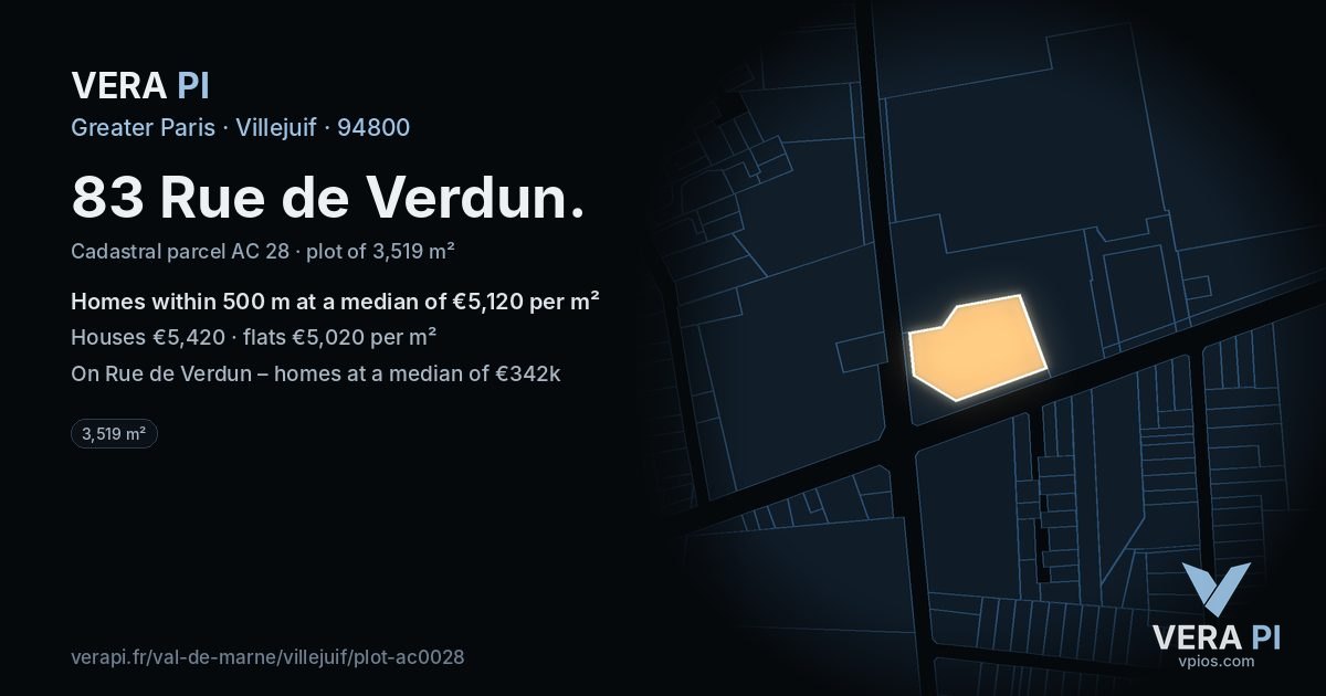 83 Rue de Verdun, Villejuif at night – the plot lit, the parcels around coloured by the prices near them
