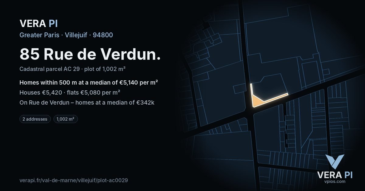 85 Rue de Verdun, Villejuif at night – the plot lit, the parcels around coloured by the prices near them