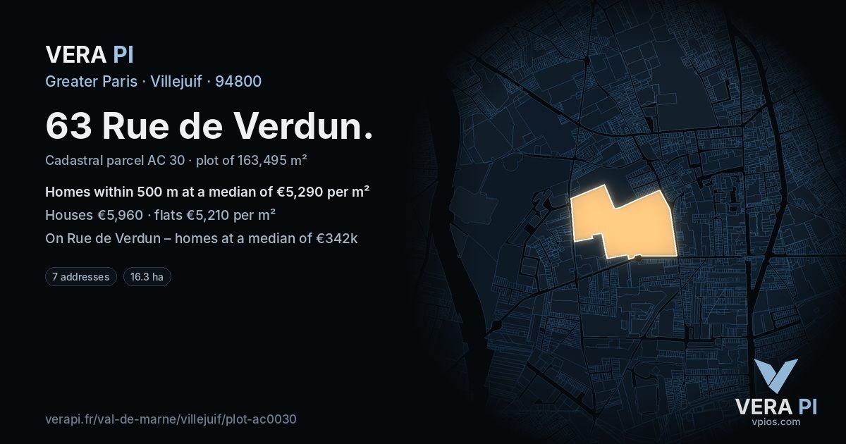 63 Rue de Verdun, Villejuif at night – the plot lit, the parcels around coloured by the prices near them