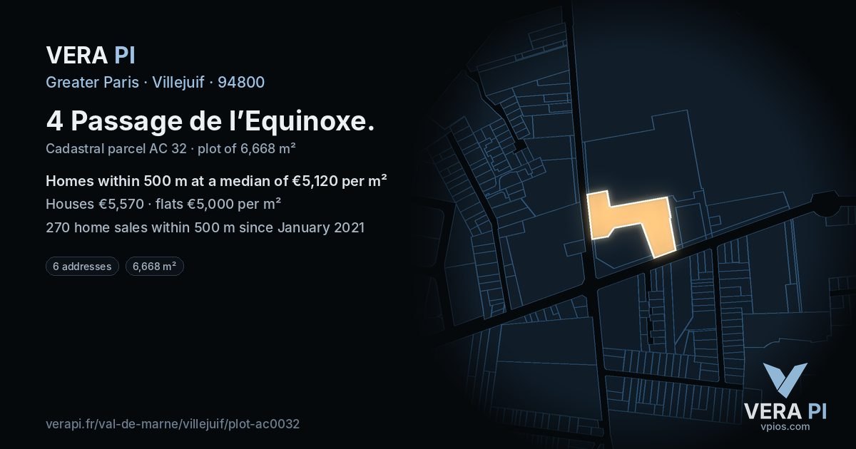 4 Passage de l’Equinoxe, Villejuif at night – the plot lit, the parcels around coloured by the prices near them