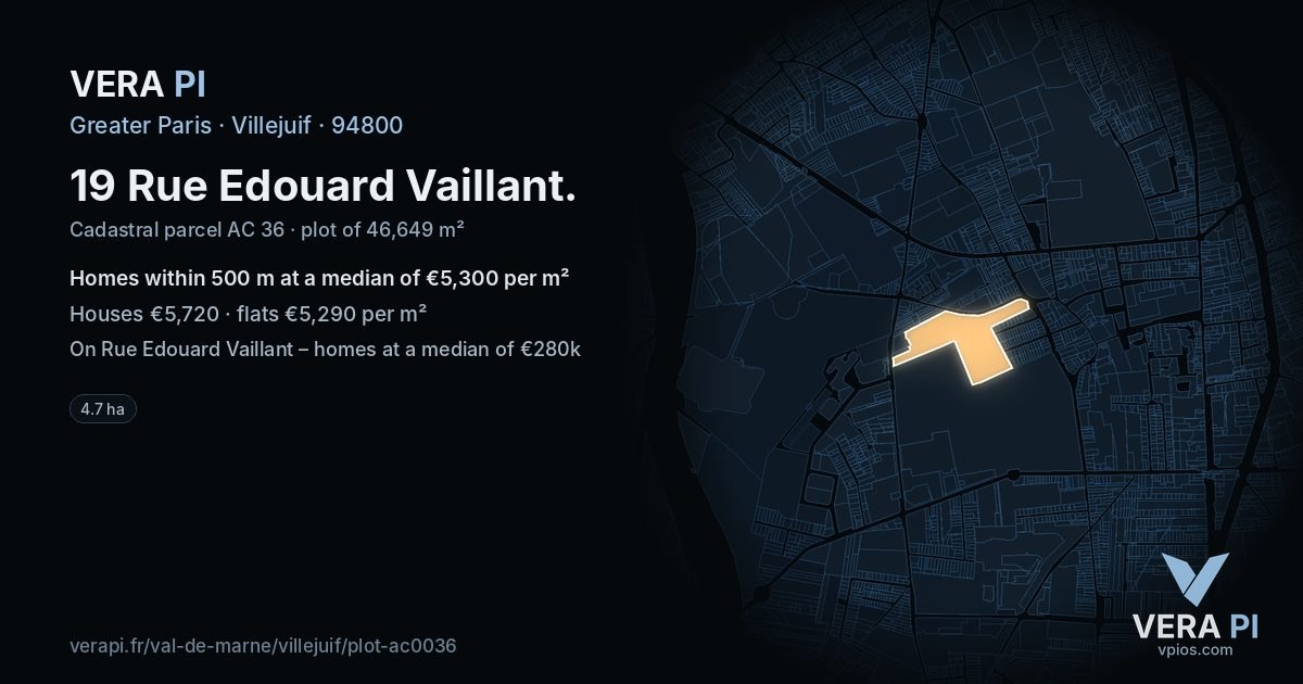 19 Rue Edouard Vaillant, Villejuif at night – the plot lit, the parcels around coloured by the prices near them