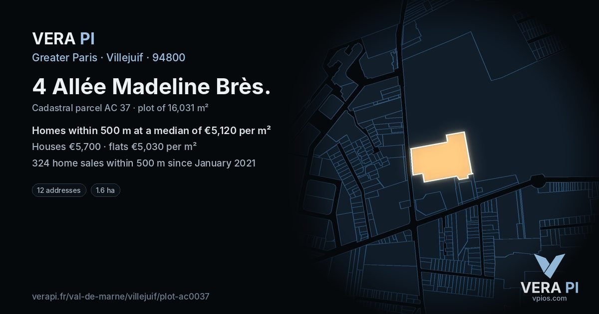 4 Allée Madeline Brès, Villejuif at night – the plot lit, the parcels around coloured by the prices near them