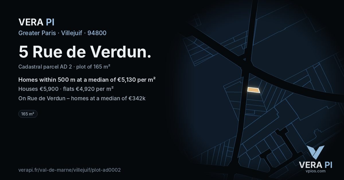 5 Rue de Verdun, Villejuif at night – the plot lit, the parcels around coloured by the prices near them