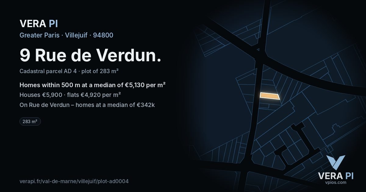 9 Rue de Verdun, Villejuif at night – the plot lit, the parcels around coloured by the prices near them