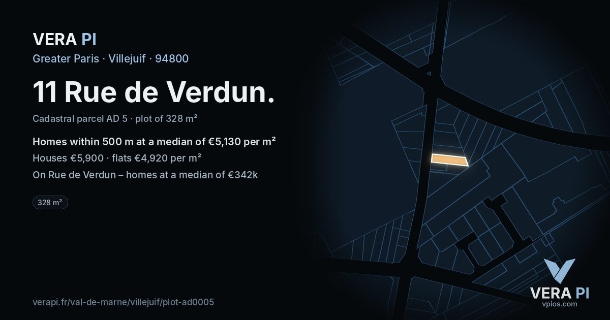 11 Rue de Verdun, Villejuif at night – the plot lit, the parcels around coloured by the prices near them