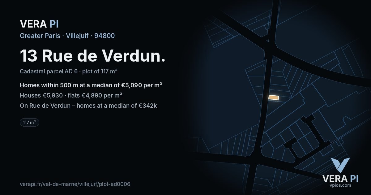 13 Rue de Verdun, Villejuif at night – the plot lit, the parcels around coloured by the prices near them