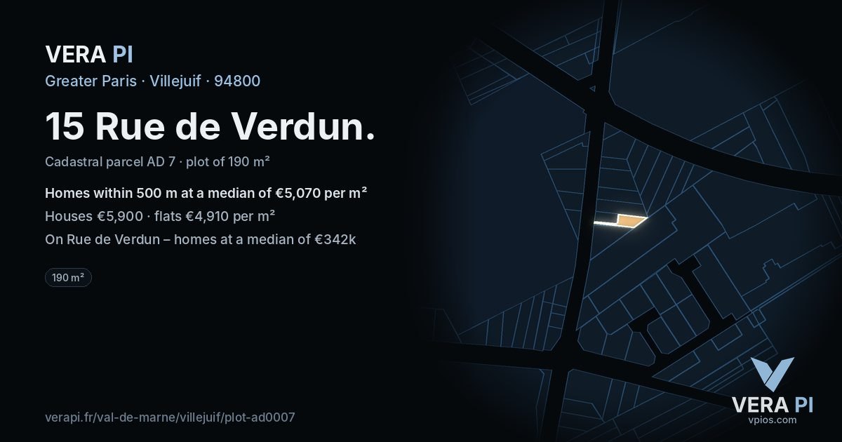 15 Rue de Verdun, Villejuif at night – the plot lit, the parcels around coloured by the prices near them