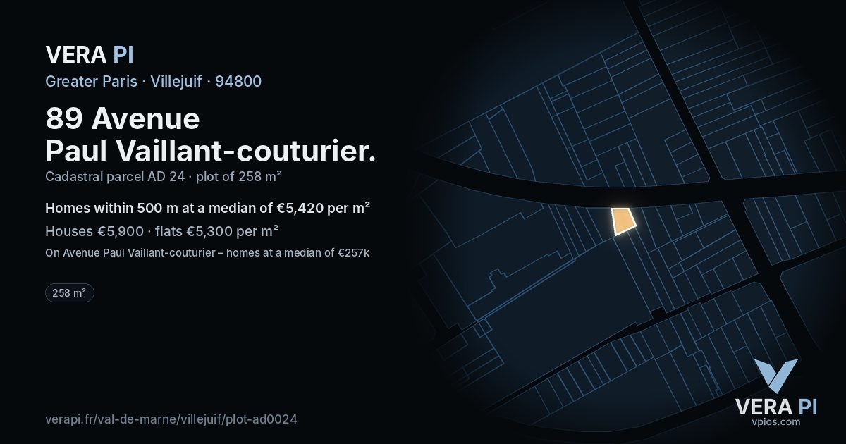 89 Avenue Paul Vaillant-couturier, Villejuif at night – the plot lit, the parcels around coloured by the prices near them