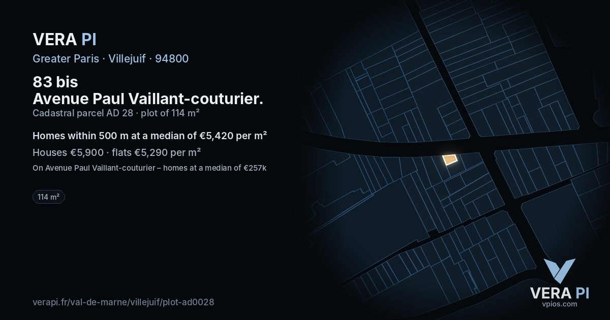 83 bis Avenue Paul Vaillant-couturier, Villejuif at night – the plot lit, the parcels around coloured by the prices near them