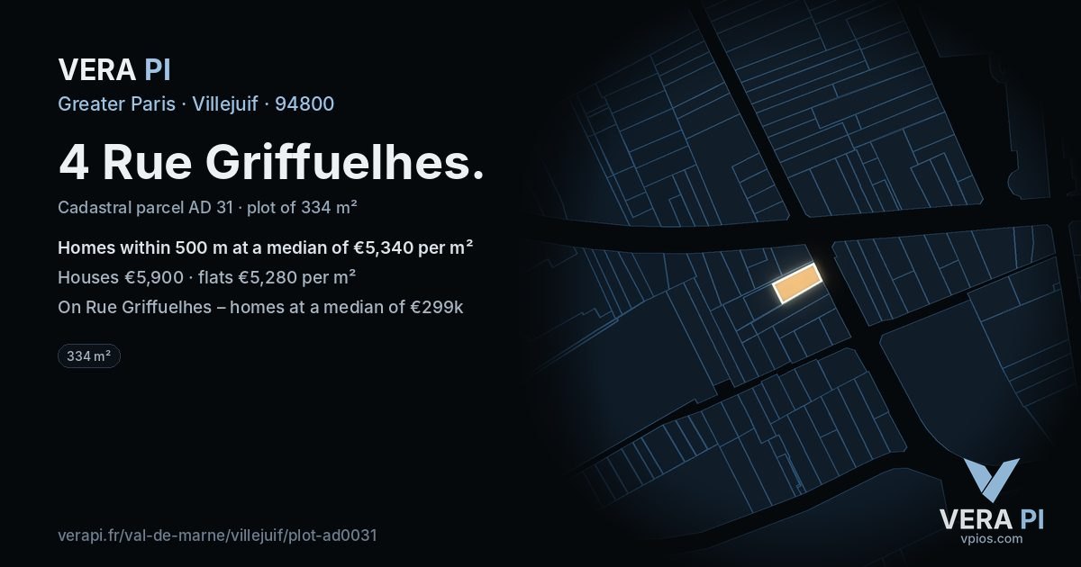 4 Rue Griffuelhes, Villejuif at night – the plot lit, the parcels around coloured by the prices near them