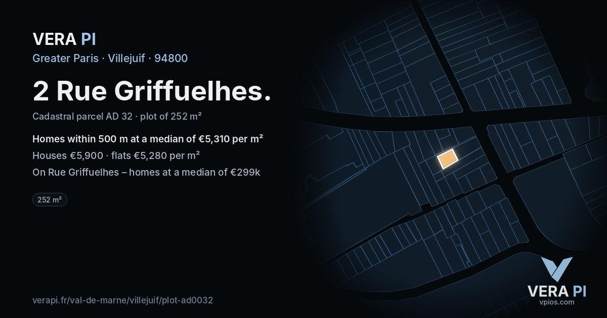 2 Rue Griffuelhes, Villejuif at night – the plot lit, the parcels around coloured by the prices near them
