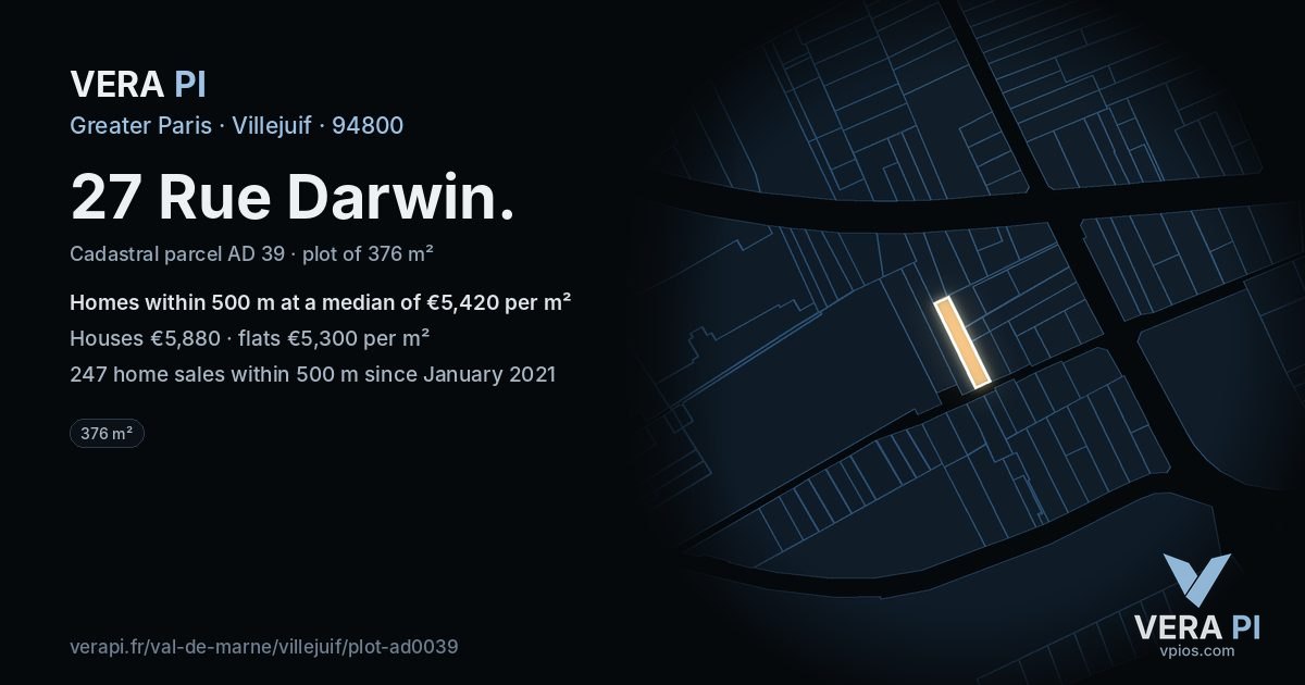 27 Rue Darwin, Villejuif at night – the plot lit, the parcels around coloured by the prices near them