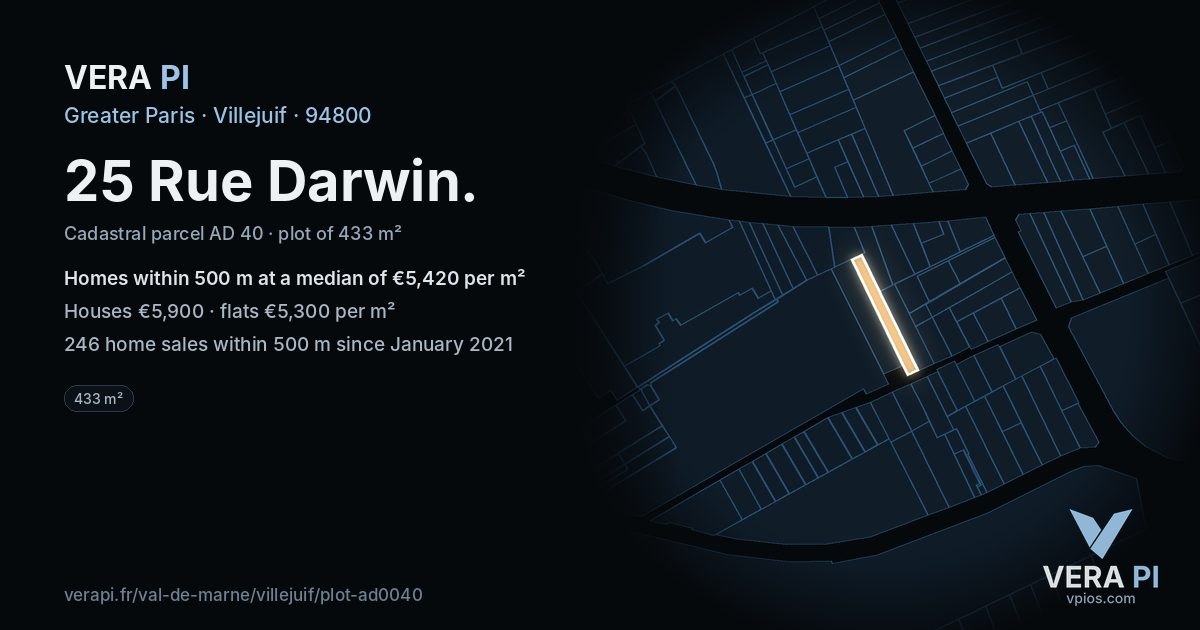 25 Rue Darwin, Villejuif at night – the plot lit, the parcels around coloured by the prices near them