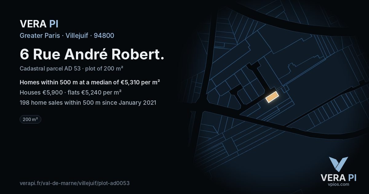 6 Rue André Robert, Villejuif at night – the plot lit, the parcels around coloured by the prices near them