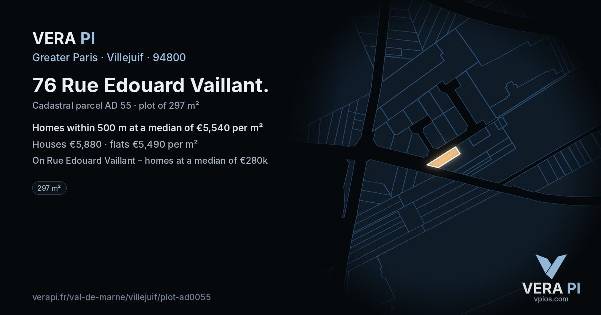 76 Rue Edouard Vaillant, Villejuif at night – the plot lit, the parcels around coloured by the prices near them