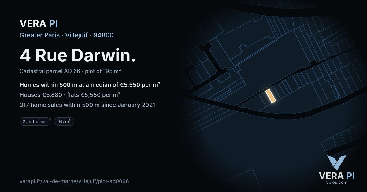 4 Rue Darwin, Villejuif at night – the plot lit, the parcels around coloured by the prices near them