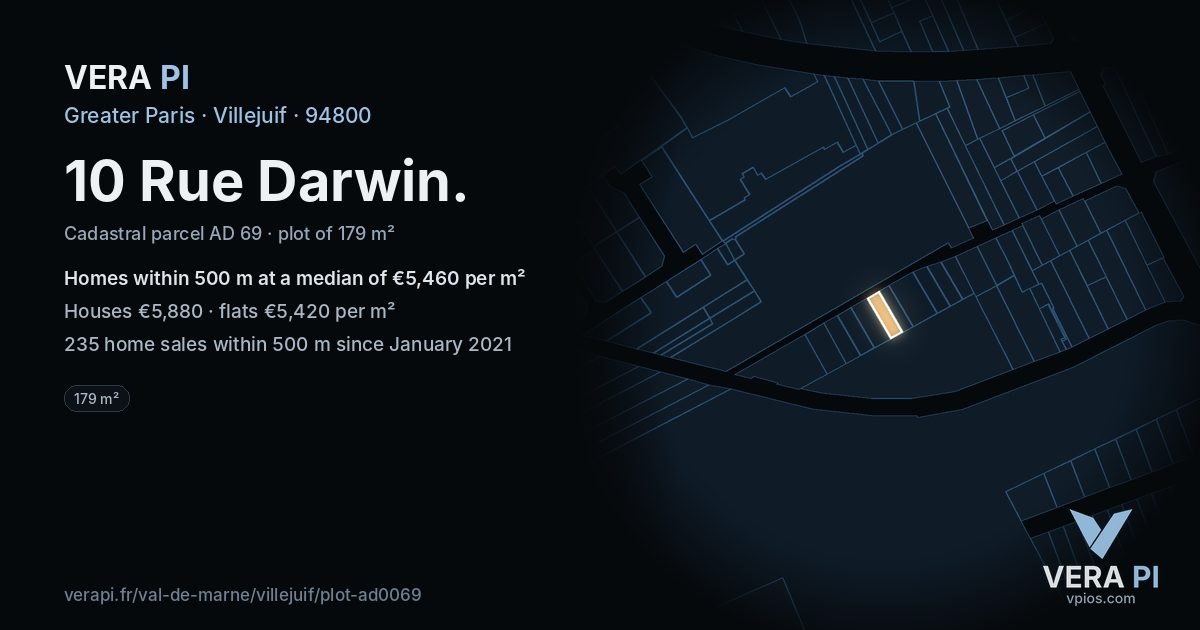 10 Rue Darwin, Villejuif at night – the plot lit, the parcels around coloured by the prices near them