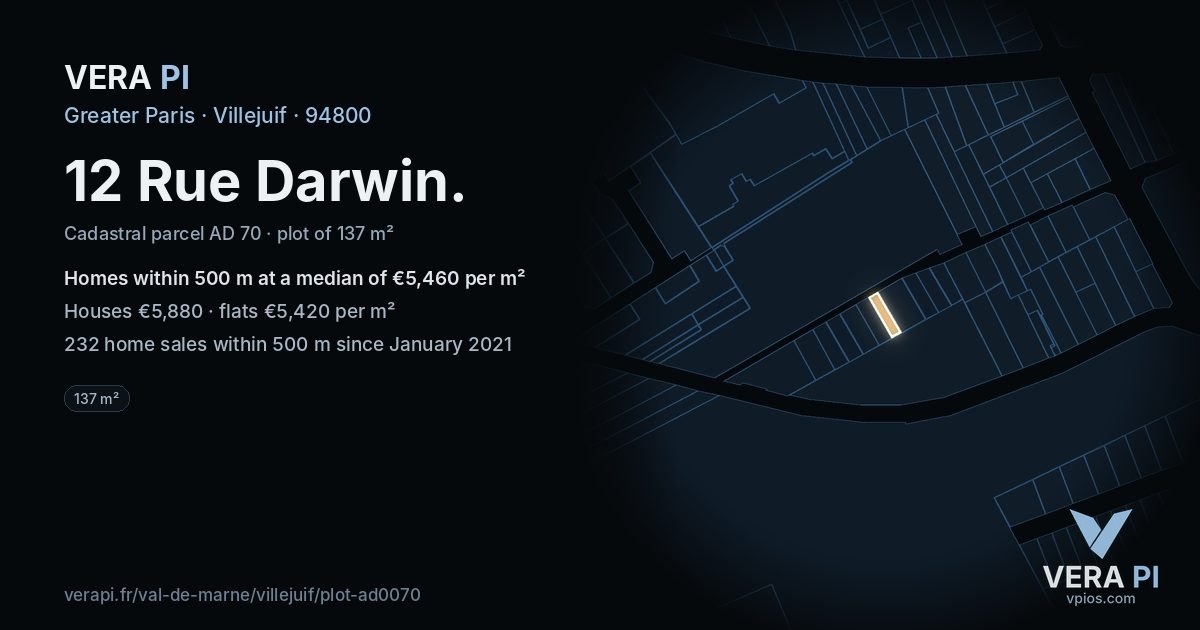 12 Rue Darwin, Villejuif at night – the plot lit, the parcels around coloured by the prices near them