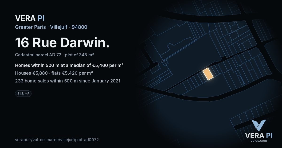16 Rue Darwin, Villejuif at night – the plot lit, the parcels around coloured by the prices near them