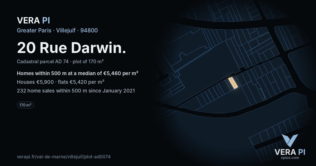 20 Rue Darwin, Villejuif at night – the plot lit, the parcels around coloured by the prices near them