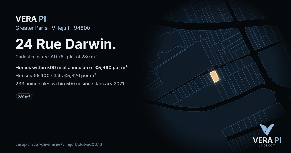 24 Rue Darwin, Villejuif at night – the plot lit, the parcels around coloured by the prices near them