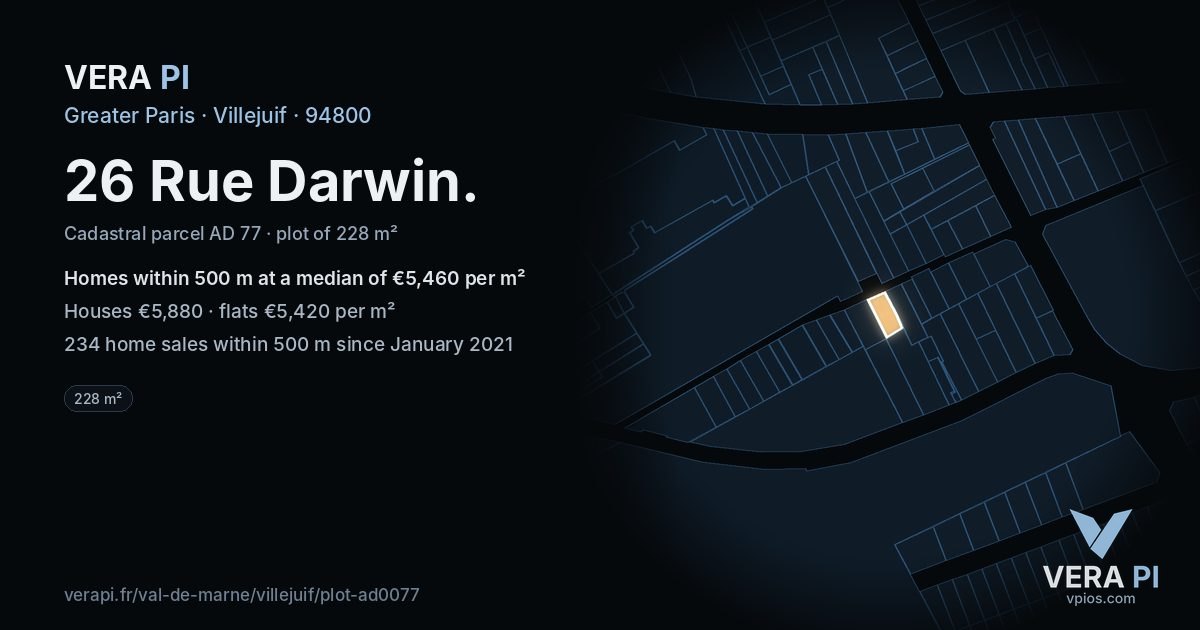 26 Rue Darwin, Villejuif at night – the plot lit, the parcels around coloured by the prices near them
