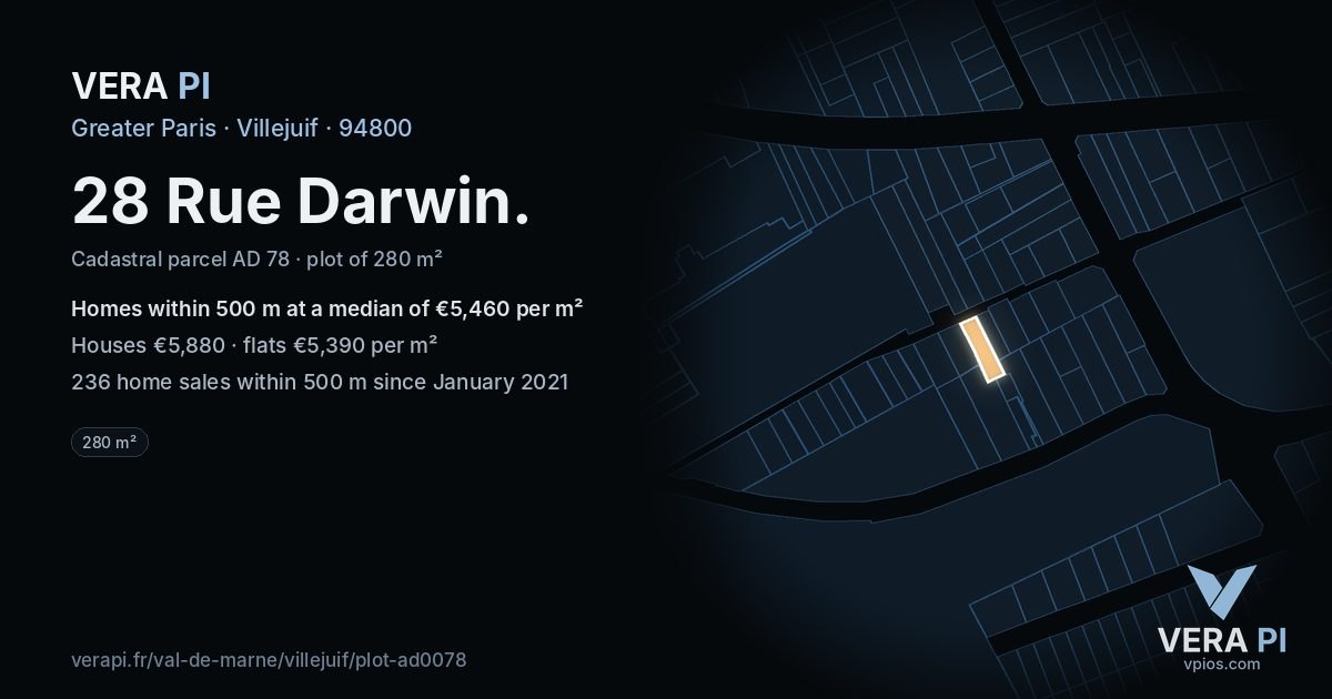 28 Rue Darwin, Villejuif at night – the plot lit, the parcels around coloured by the prices near them