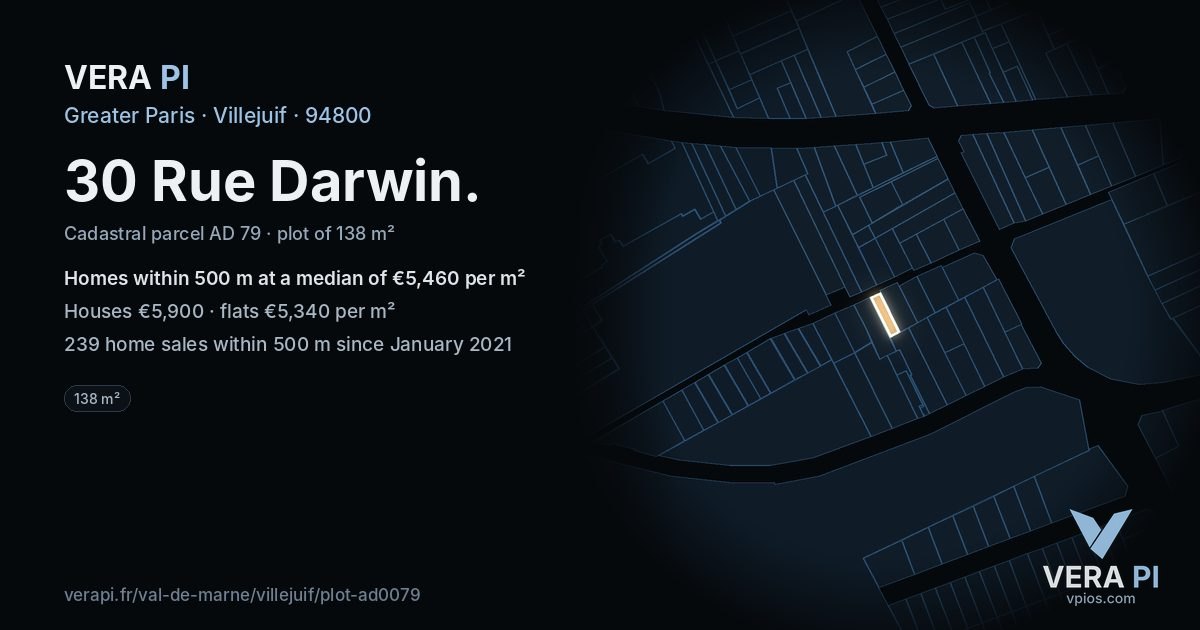 30 Rue Darwin, Villejuif at night – the plot lit, the parcels around coloured by the prices near them
