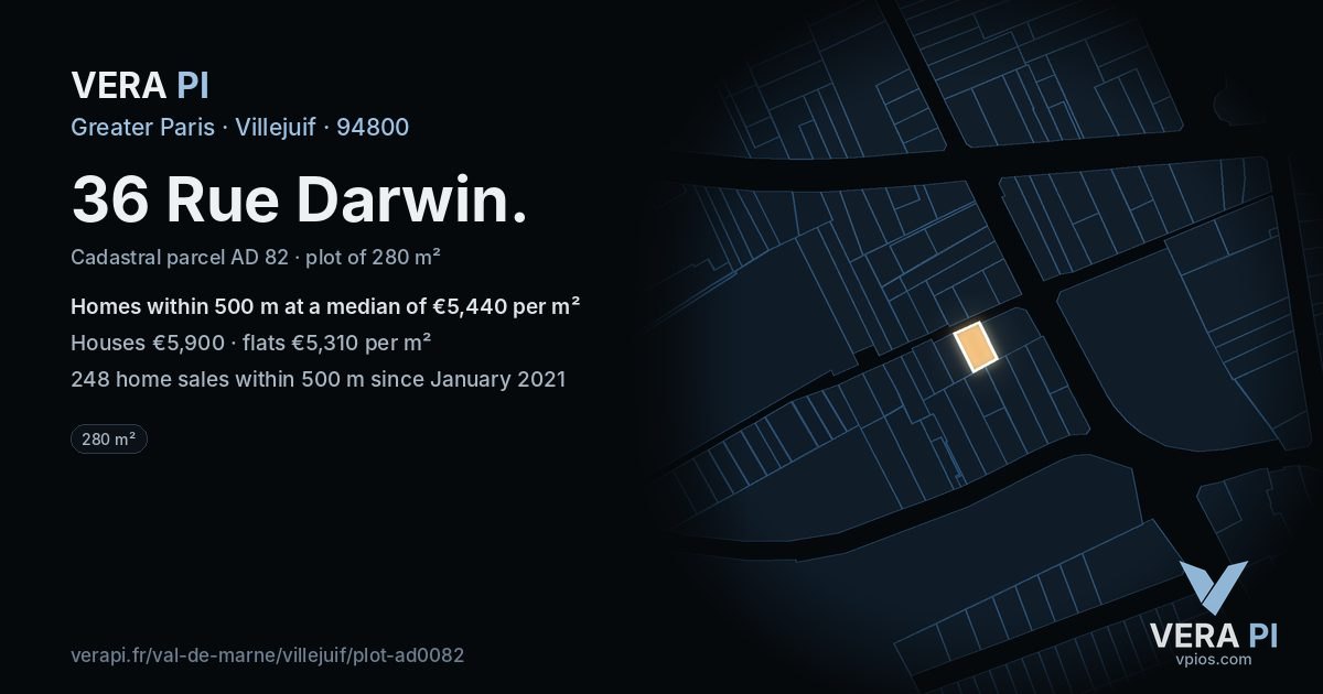 36 Rue Darwin, Villejuif at night – the plot lit, the parcels around coloured by the prices near them