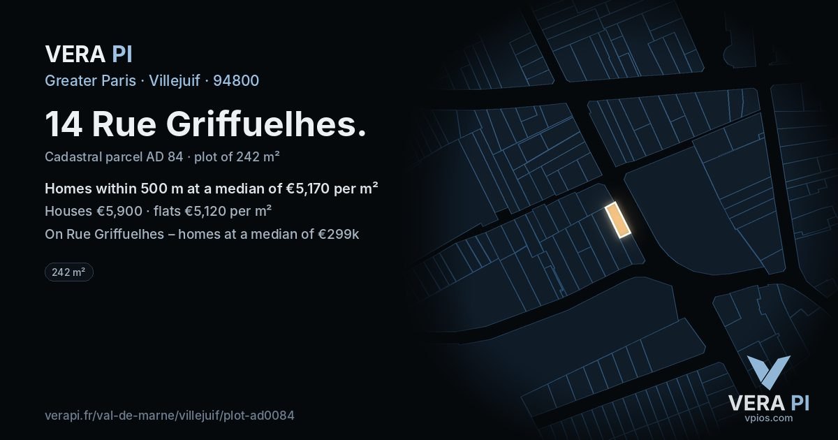 14 Rue Griffuelhes, Villejuif at night – the plot lit, the parcels around coloured by the prices near them