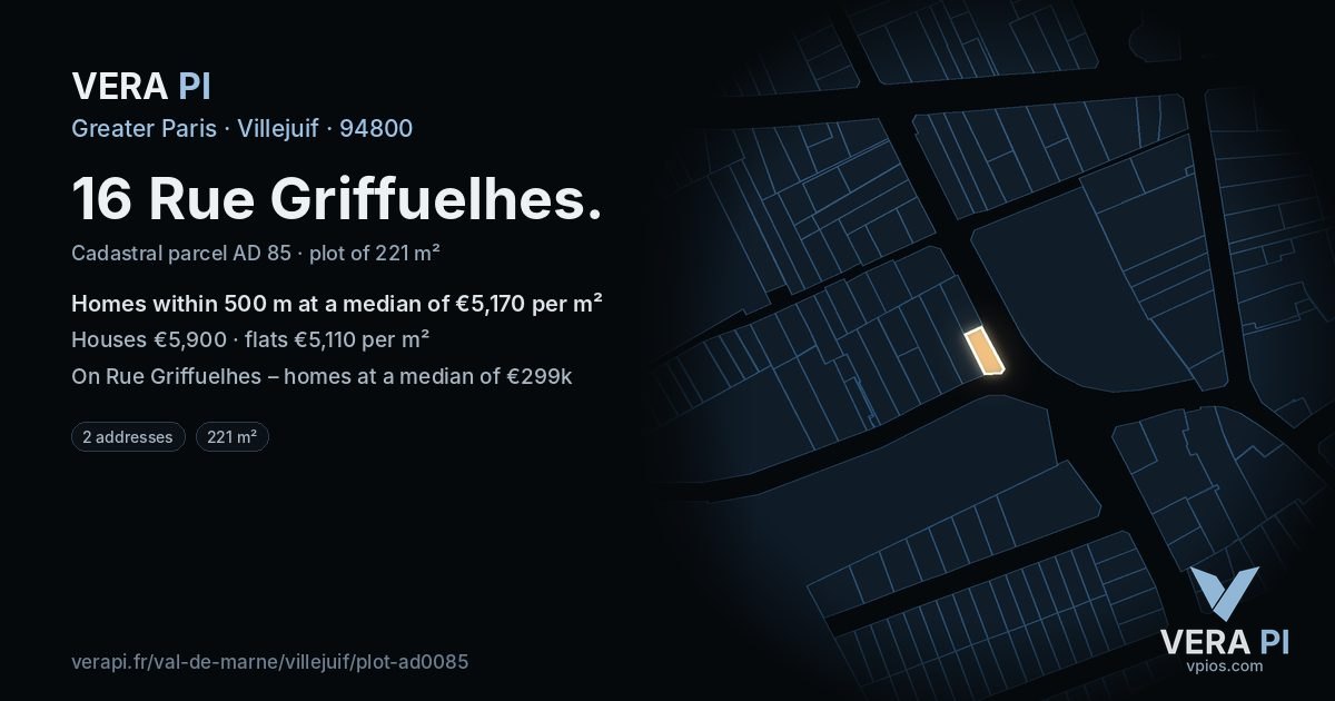 16 Rue Griffuelhes, Villejuif at night – the plot lit, the parcels around coloured by the prices near them