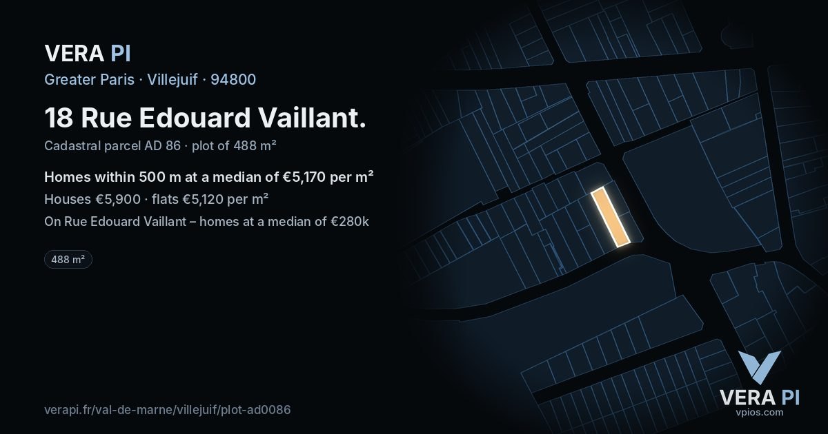 18 Rue Edouard Vaillant, Villejuif at night – the plot lit, the parcels around coloured by the prices near them