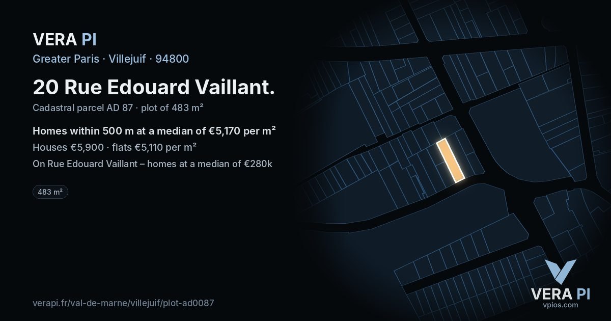 20 Rue Edouard Vaillant, Villejuif at night – the plot lit, the parcels around coloured by the prices near them