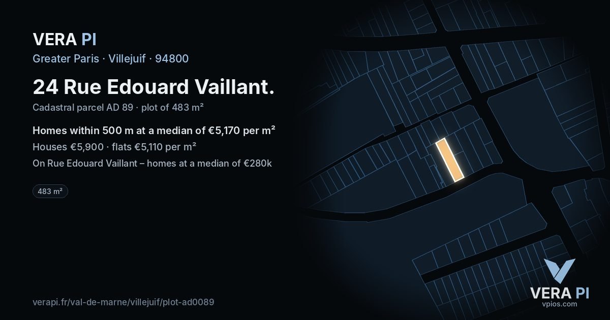 24 Rue Edouard Vaillant, Villejuif at night – the plot lit, the parcels around coloured by the prices near them