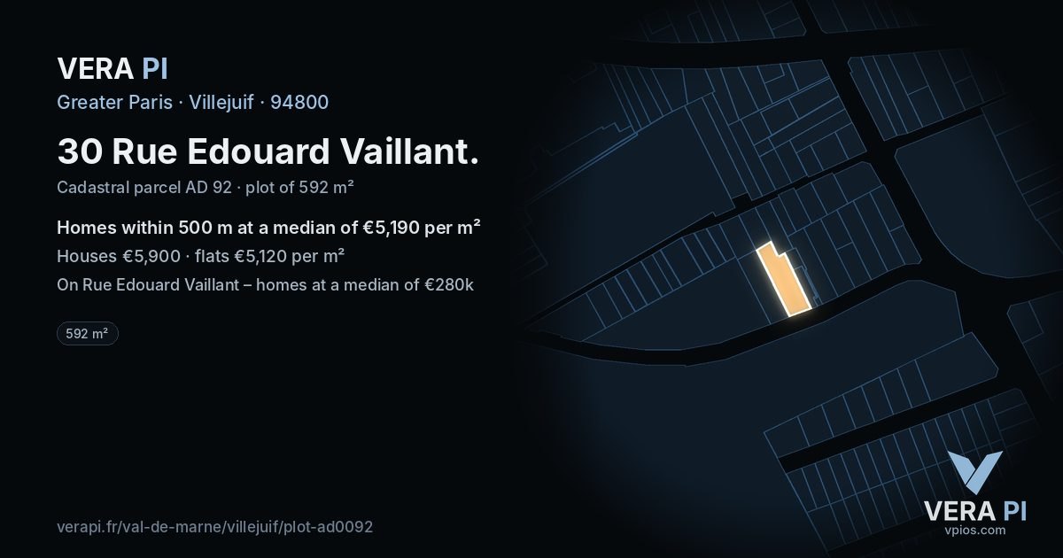 30 Rue Edouard Vaillant, Villejuif at night – the plot lit, the parcels around coloured by the prices near them