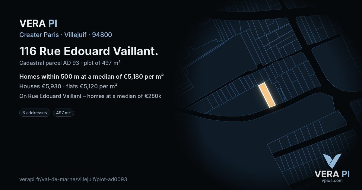 116 Rue Edouard Vaillant, Villejuif at night – the plot lit, the parcels around coloured by the prices near them