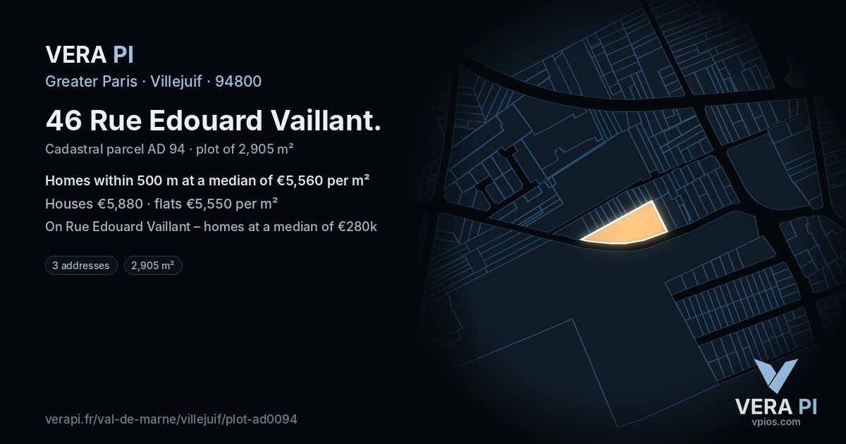46 Rue Edouard Vaillant, Villejuif at night – the plot lit, the parcels around coloured by the prices near them