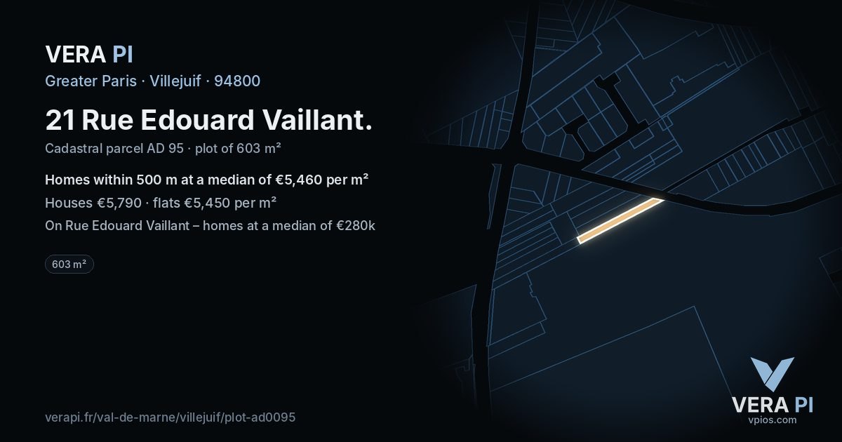 21 Rue Edouard Vaillant, Villejuif at night – the plot lit, the parcels around coloured by the prices near them