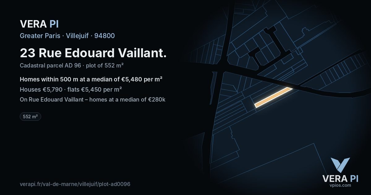 23 Rue Edouard Vaillant, Villejuif at night – the plot lit, the parcels around coloured by the prices near them