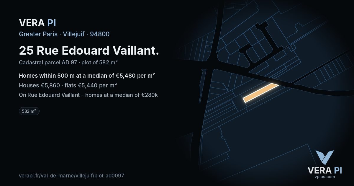 25 Rue Edouard Vaillant, Villejuif at night – the plot lit, the parcels around coloured by the prices near them