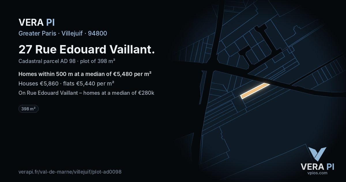 27 Rue Edouard Vaillant, Villejuif at night – the plot lit, the parcels around coloured by the prices near them