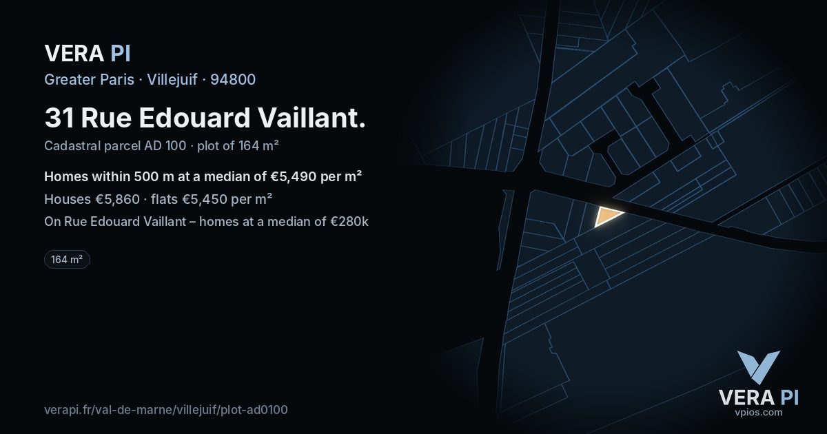 31 Rue Edouard Vaillant, Villejuif at night – the plot lit, the parcels around coloured by the prices near them